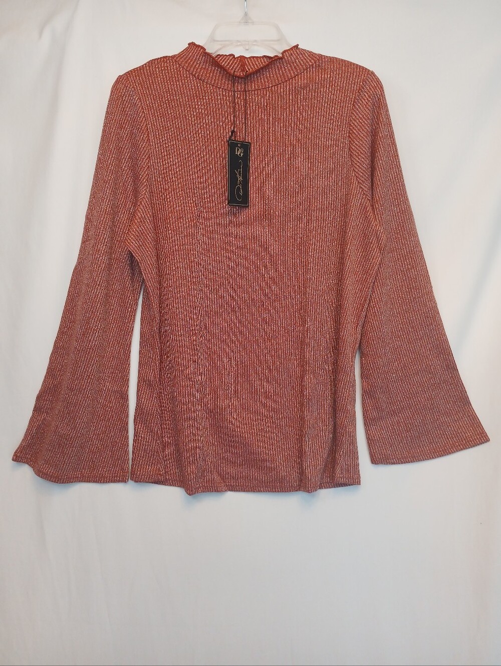 Red & Silver Metallic Shimmer Bell Sleeve Ruffle Mock Neck Top 1X New!